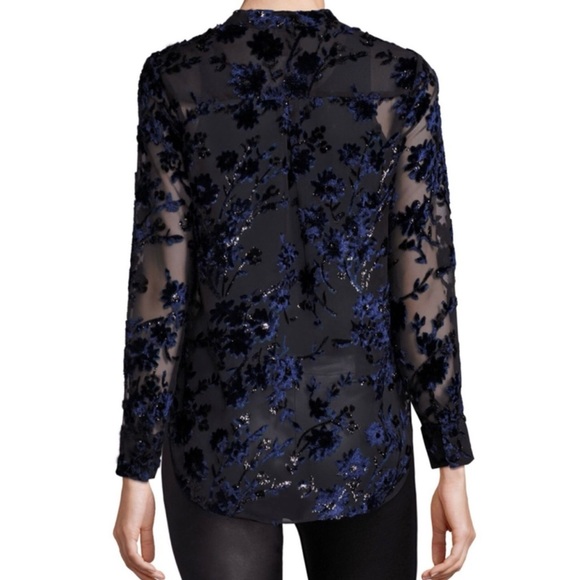 ALICE+OLIVIA Belle Metallic Sheer Velvet Embroidered Chiffon Tops, Navy Black, S - Picture 2 of 4